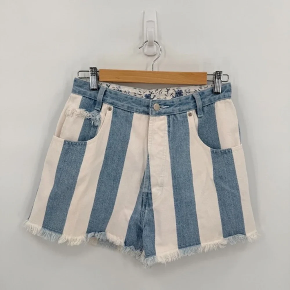 Vintage Womens Blue White Striped Cut Off High Waist Shorts Size 11/12 90's